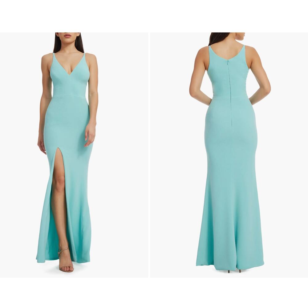 Dress the Population Iris Slit Crepe Long Gown Dress Tranquil Blue Medium